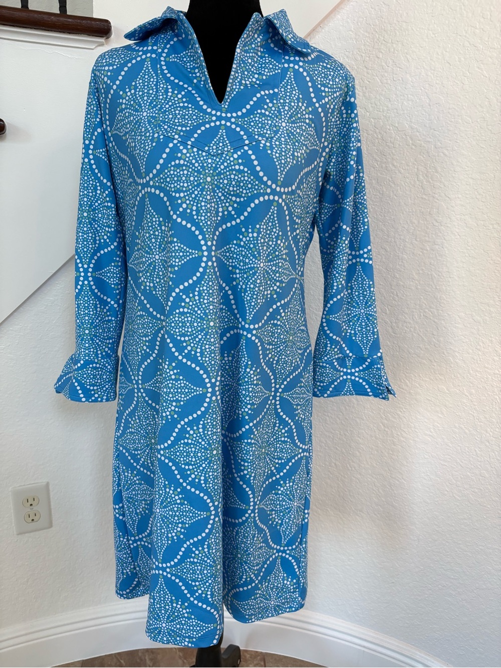 Collared Blue Patterned Long-Sleeve Dress